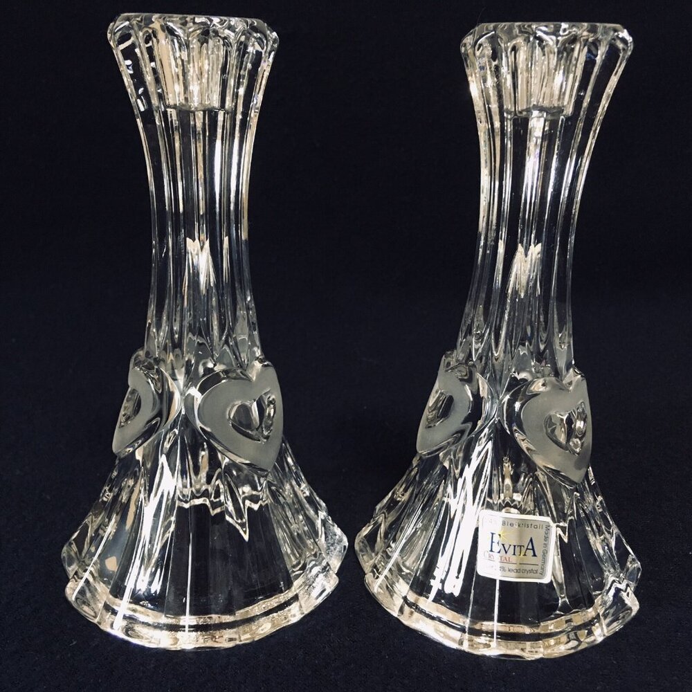 Set Of 2 EVITA Crystal Candle Holders 24% Lead Crystal Vintage 6.5*3.5" Germany